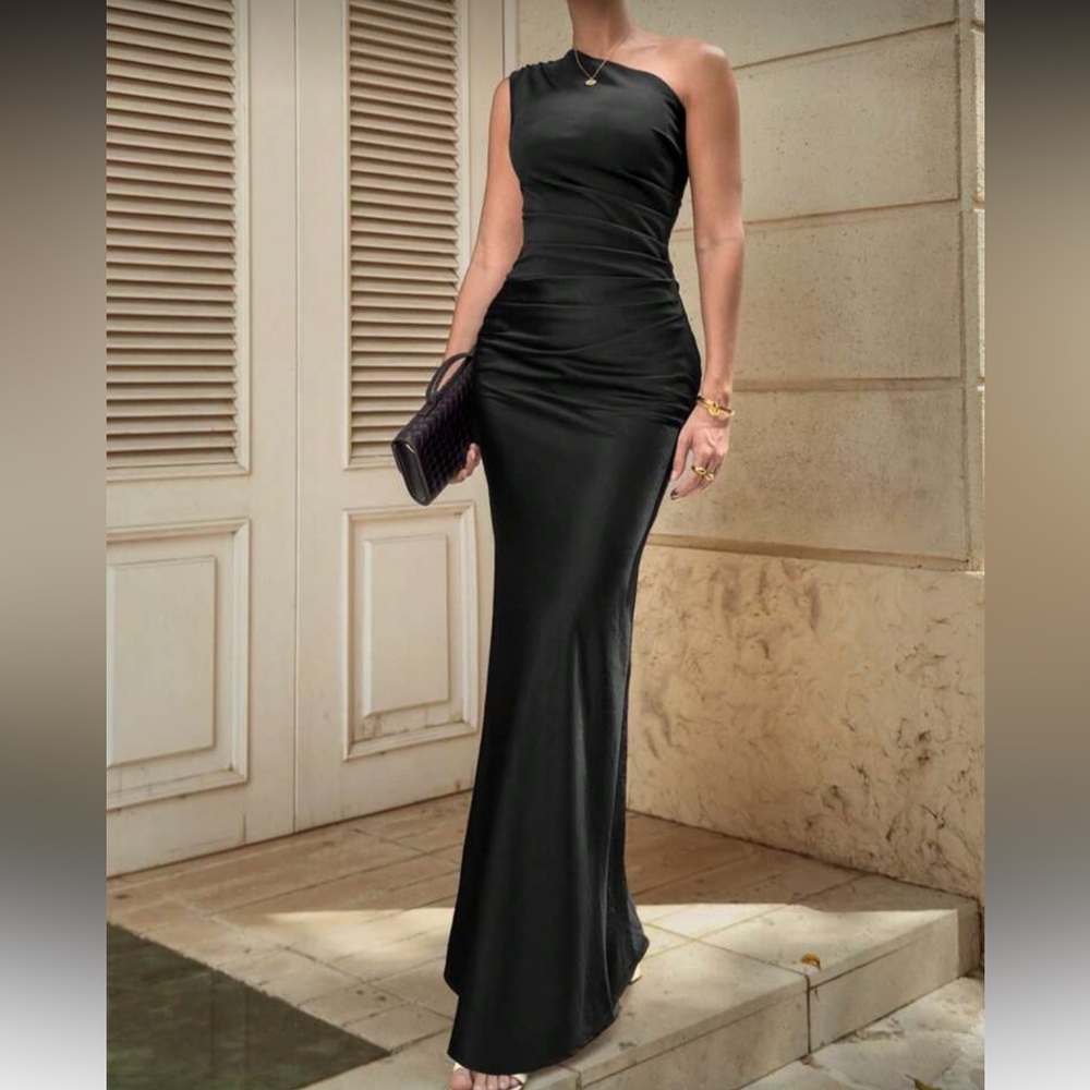 Luxe black one shoulder party formal evening gown dress - Picture 8 of 8